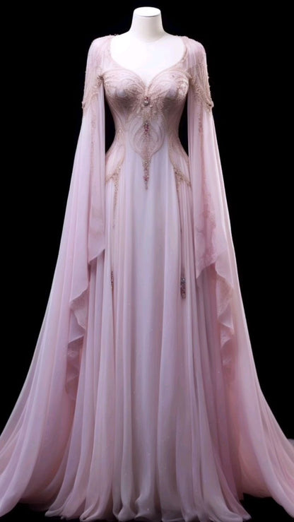 Pink Long Sleeves A-Line Elegant Long Formal Prom Dress Evening Gown, D59