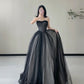 Black Strapless A-Line Tulle Long Formal Prom Dress Evening Gown, D60