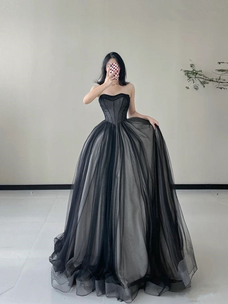 Black Strapless A-Line Tulle Long Formal Prom Dress Evening Gown, D60