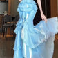 Blue Straps Sheath Cake Skirt Graduation Dress Long Prom Dress, D62