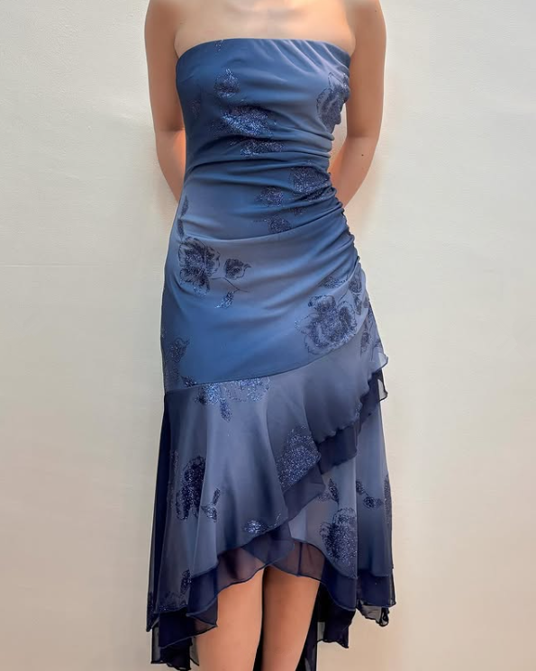 Vintage Navy Strapless Ruffles Chiffon Long Party Dress Evening Gown, D66