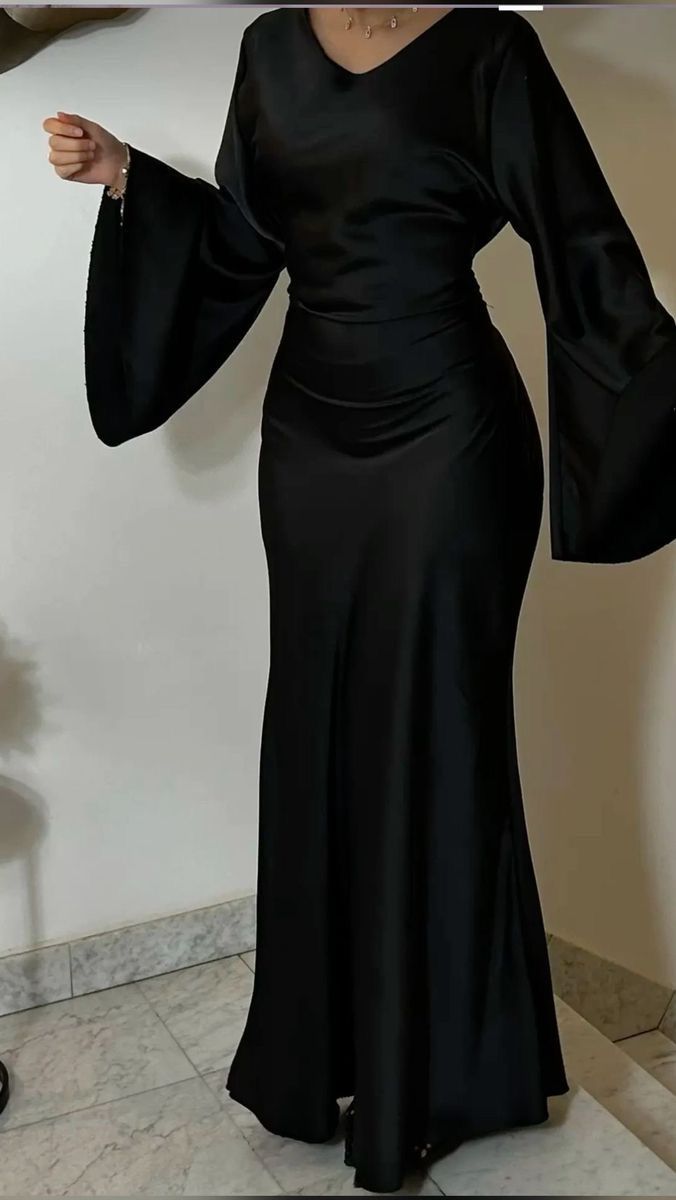 Modest Black Sheath Satin Long Sleeves Long Party Dress, D72