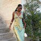 Green V Neck Straps Sheath Satin Long Party Dress Wedding Guest Dress, D77