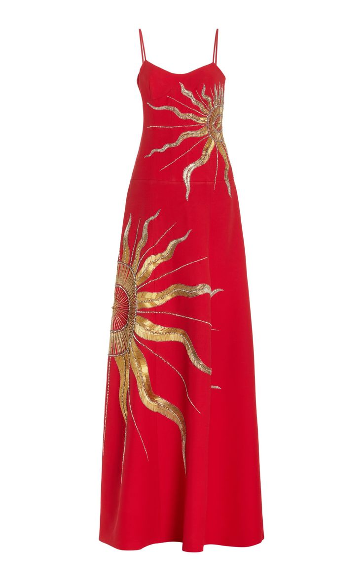 Charming Red Spaghetti Straps A-Line Embroidery Long Evening Dress, D78