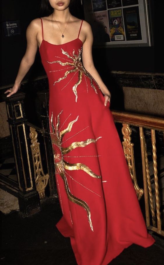 Charming Red Spaghetti Straps A-Line Embroidery Long Evening Dress, D78