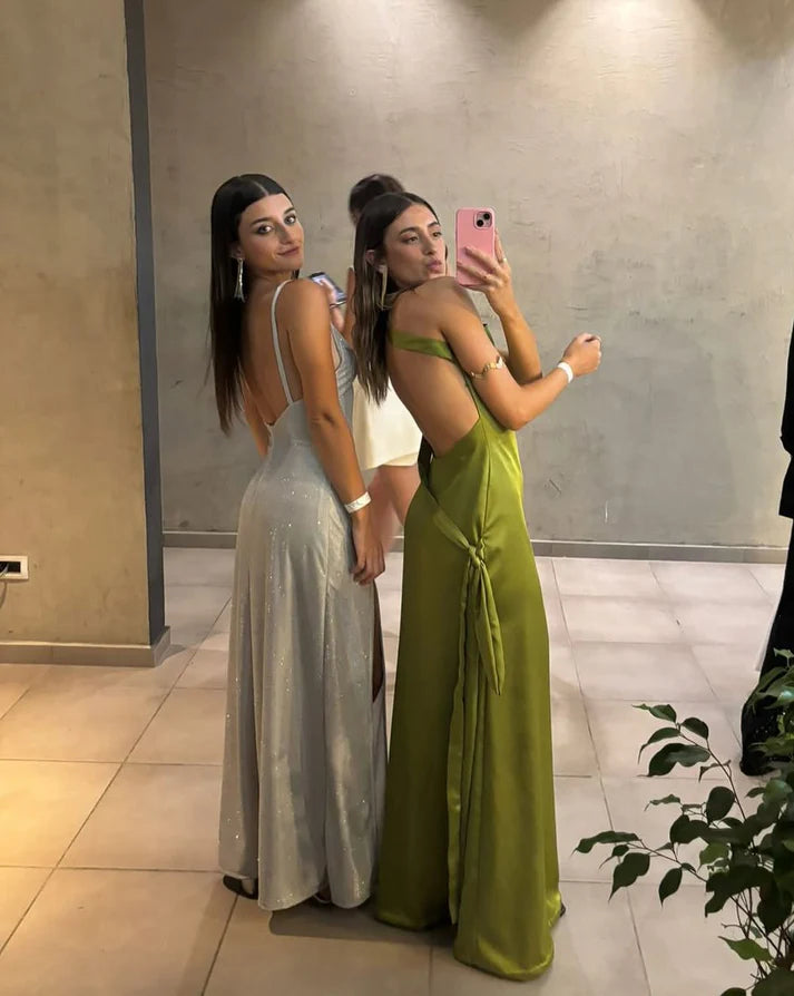 Green Backless Long Prom Dress Satin Evening Dress, D83