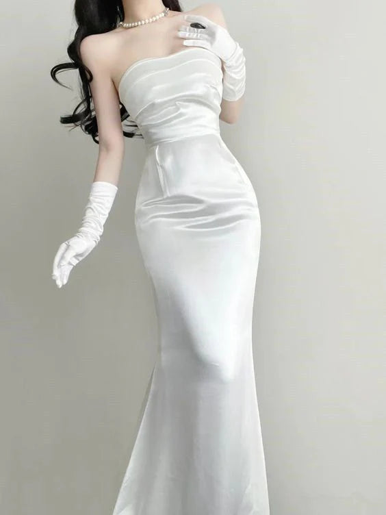 Simple Strapless Mermaid Satin White Wedding Dresses, D87