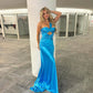 Blue One Shoulder Sheath Long Prom Dress Satin Evening Dress, D91