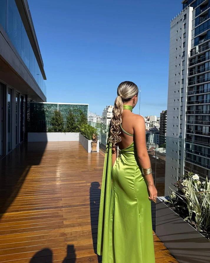 Green Halter Mermaid Long Prom Dress Satin Formal Dresses, D98