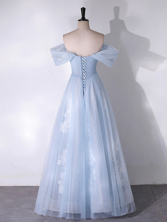 A-Line Off Shoulder Tulle Lace Blue Long Prom Dress, Blue Long Formal Dress  MD7231