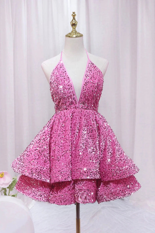 Pink V-Neck Sequins Short Prom Dress, Pink A-Line Backless Party Dress MD7410