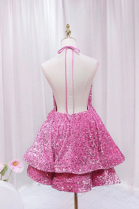 Pink V-Neck Sequins Short Prom Dress, Pink A-Line Backless Party Dress MD7410