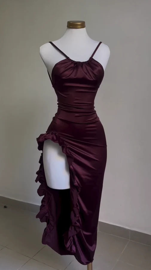 Burgundy Straps Open Back Ruffles Sheath Satin Midi Party Dress MD7478