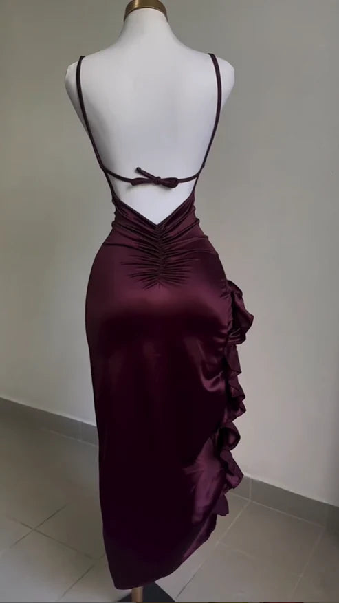 Burgundy Straps Open Back Ruffles Sheath Satin Midi Party Dress MD7478