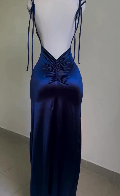 Navy Blue Straps Open Back Ruffles Sheath Satin Long Party Dress MD7479