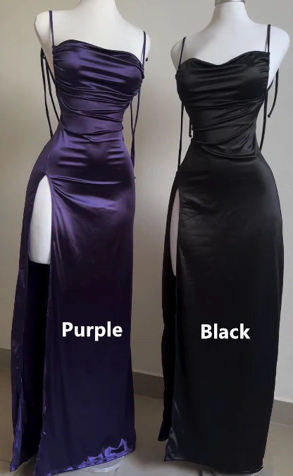 Purple Straps Open Back Ruffles Sheath Satin Long Party Dress MD7480