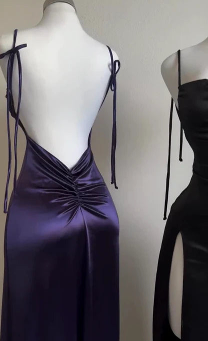 Purple Straps Open Back Ruffles Sheath Satin Long Party Dress MD7480