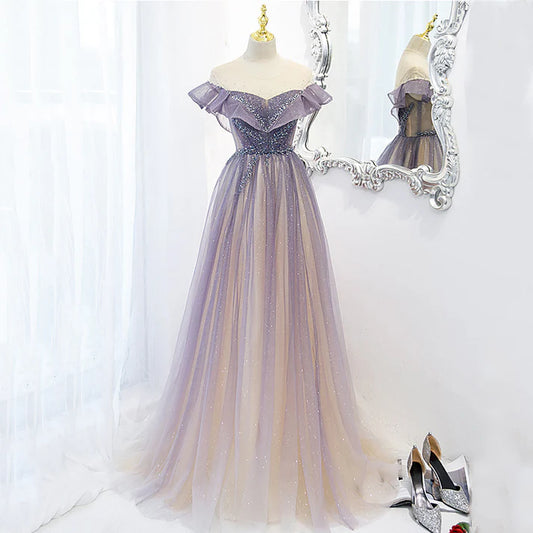 Purple Shiny A Line Tulle Prom Dress Off Shoulder Long Evening Gown MD7564