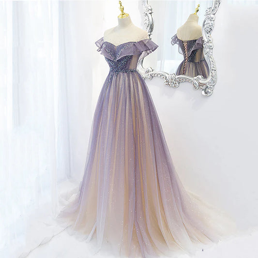 Purple Shiny A Line Tulle Prom Dress Off Shoulder Long Evening Gown MD7564