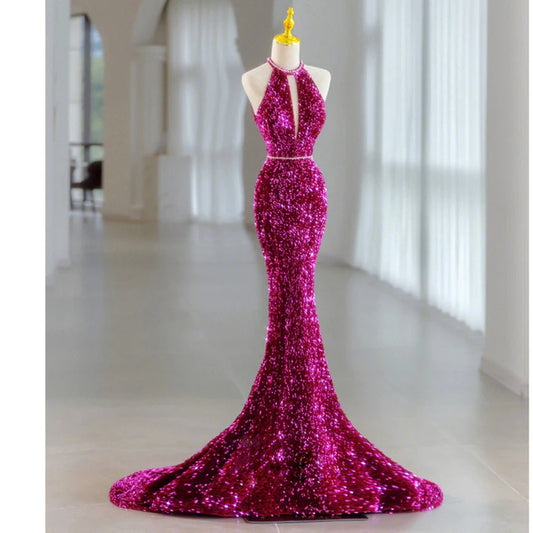 Sequins Rose Red Long Prom Dress Mermaid Long Evening Dress MD7546