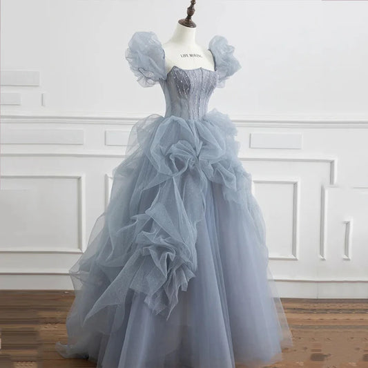 Blue Tulle Princess Ball Gown Puff Sleeves Sweet Evening Dress MD7547