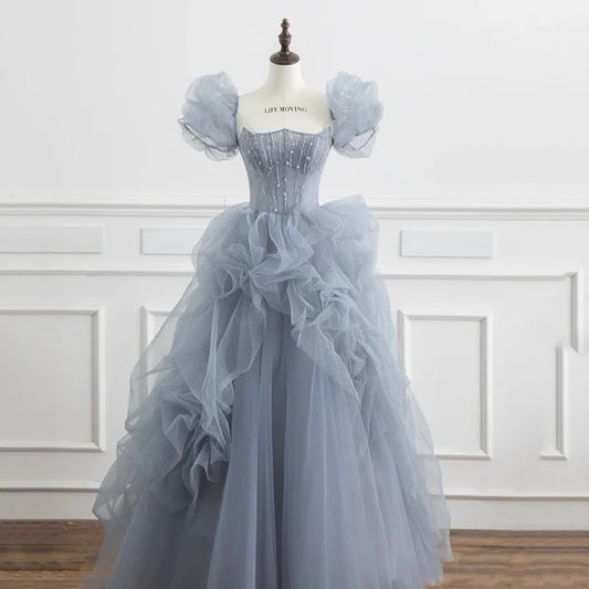 Blue Tulle Princess Ball Gown Puff Sleeves Sweet Evening Dress MD7547