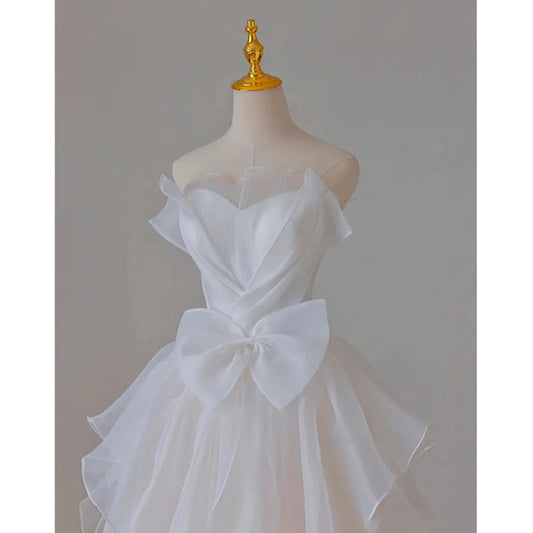 White French Strapless Wedding Gown Bow Tie Long Prom Dress MD7552