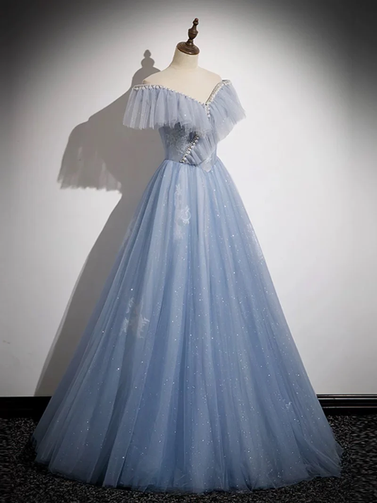 A-Line Off Shoulder Tulle Blue Long Prom Dress, Blue Long Formal Dress MD7255