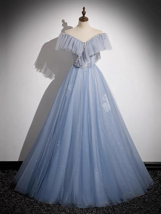 A-Line Off Shoulder Tulle Blue Long Prom Dress, Blue Long Formal Dress MD7255