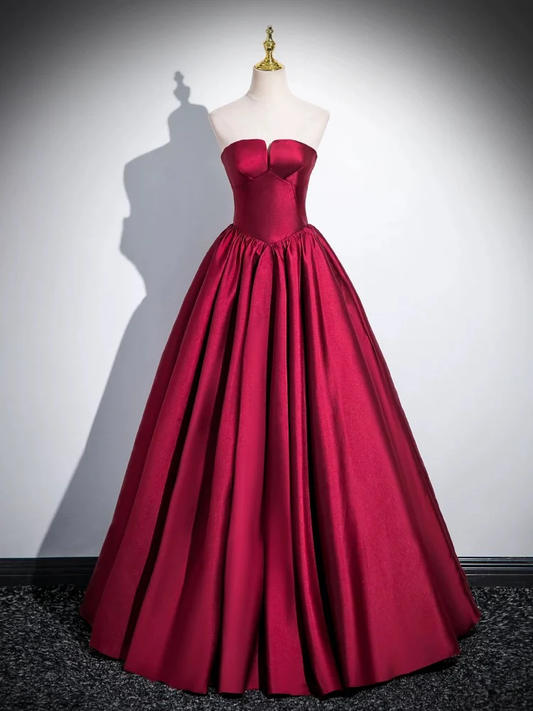 A-Line Satin Dark Red Long Prom Dress, Dark Red Long Evening Dress MD7256