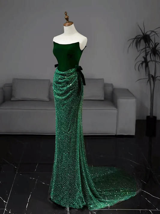 Mermaid Tulle Velvet Green Long Prom Dress, Green Long Formal Dress MD7262