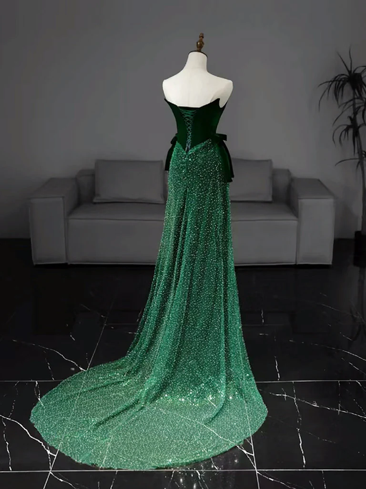 Mermaid Tulle Velvet Green Long Prom Dress, Green Long Formal Dress MD7262