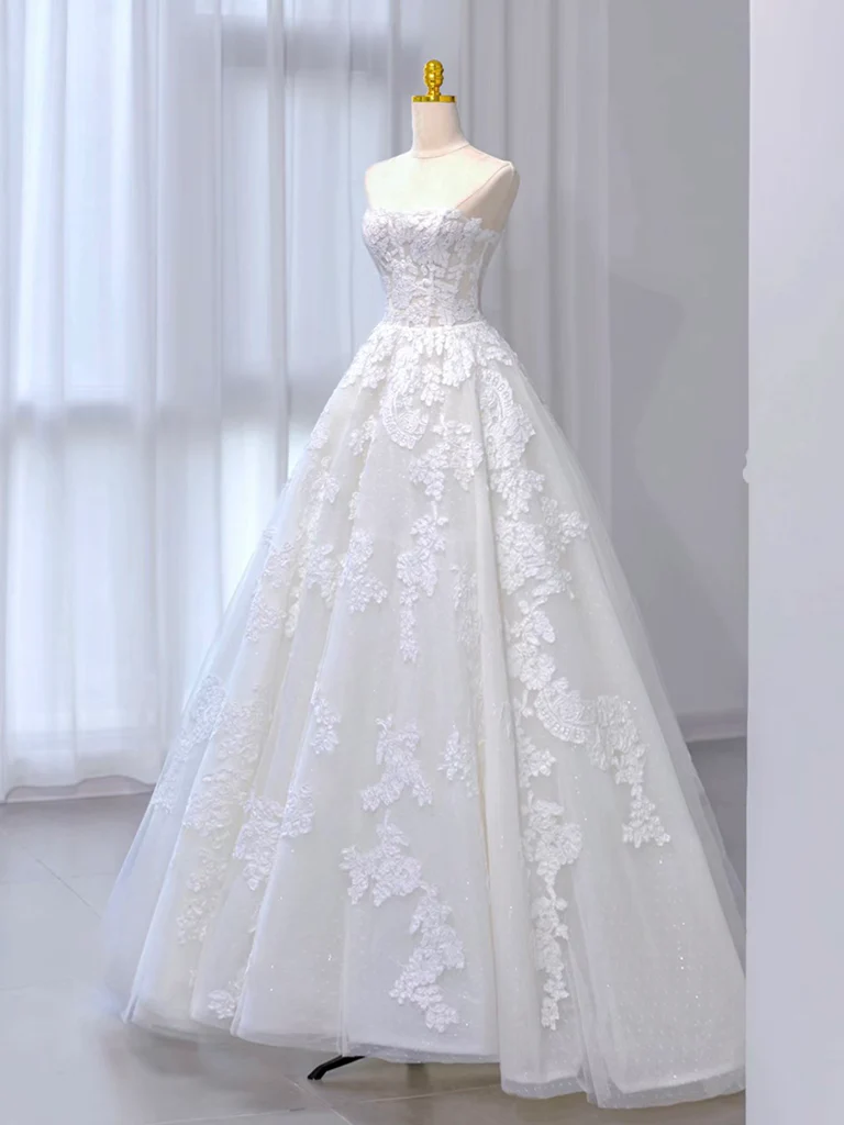 A-Line Tulle Lace White Long Prom Dress, White Long Wedding Dress MD7263