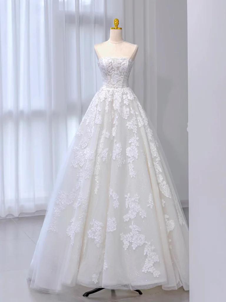 A-Line Tulle Lace White Long Prom Dress, White Long Wedding Dress MD7263