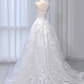 A-Line Tulle Lace White Long Prom Dress, White Long Wedding Dress MD7263