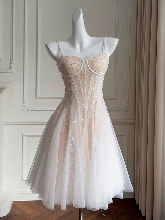 A-Line Sweetheart Neck Tulle Sequin Light Champagne Short Prom Dress MD7264