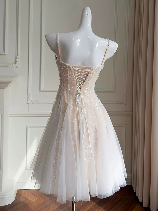 A-Line Sweetheart Neck Tulle Sequin Light Champagne Short Prom Dress MD7264