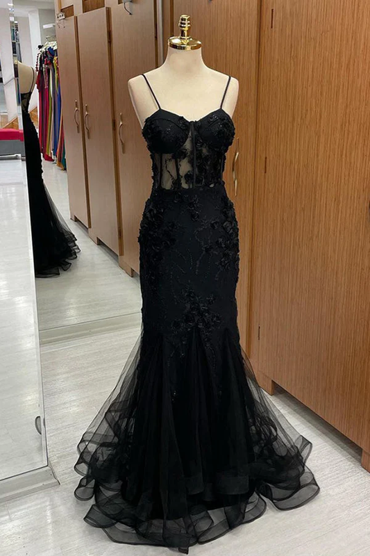 Sexy Black Spaghetti Straps Appliques Mermaid Long Prom Dress MD7267