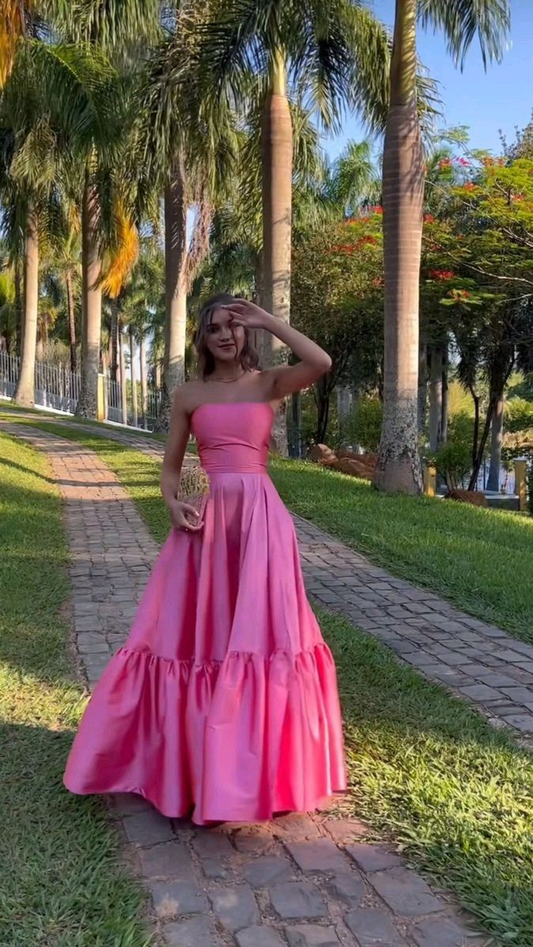 Pink Strapless A-Line Satin Birthday Outfits Long Prom Dress MD7268