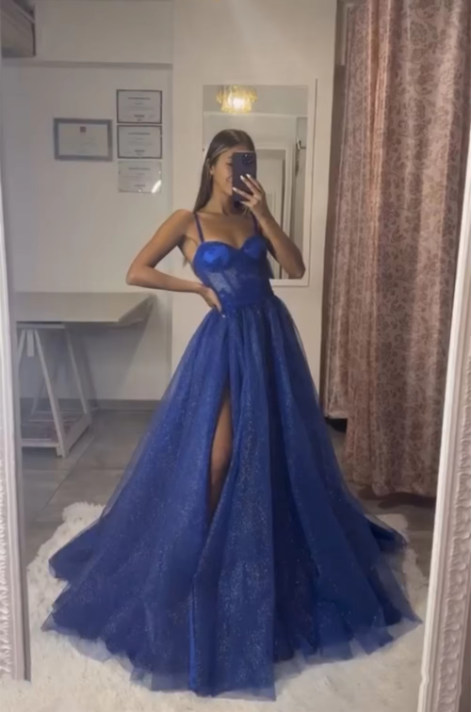 Blue Spaghetti Straps A-Line Long Formal Prom Dress with Slit MD7270