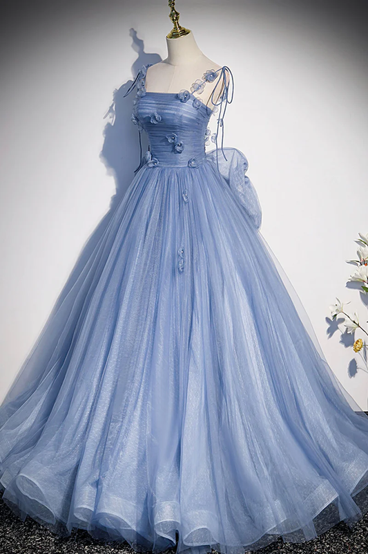 Blue Straps Appliques A-Line Tulle Long Prom Gown with Big Bowknot MD7271