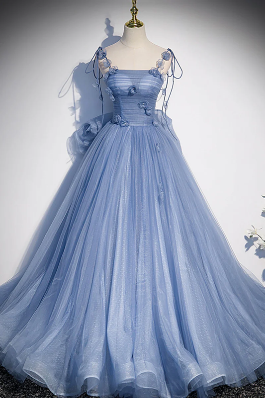 Blue Straps Appliques A-Line Tulle Long Prom Gown with Big Bowknot MD7271