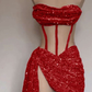 Sexy Red Strapless Sheath Sequins Mini Party Dress Birthday Outfits MD7272