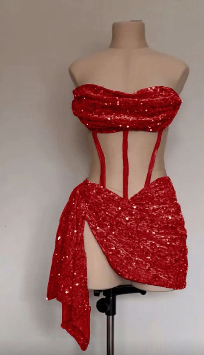 Sexy Red Strapless Sheath Sequins Mini Party Dress Birthday Outfits MD7272