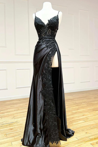 Sexy Black Spaghetti Straps Appliques Sheath Long Party Dress with Slit MD7273