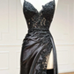 Sexy Black Spaghetti Straps Appliques Sheath Long Party Dress with Slit MD7273