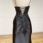 Sexy Black Spaghetti Straps Appliques Sheath Long Party Dress with Slit MD7273