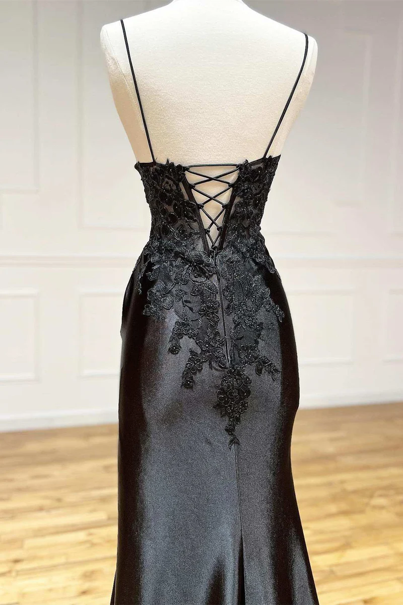 Sexy Black Spaghetti Straps Appliques Sheath Long Party Dress with Slit MD7273