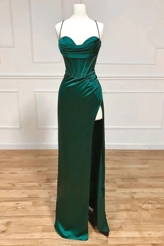 Green Straps Satin Bridesmaid Dress Simple Long Party Dress MD7274