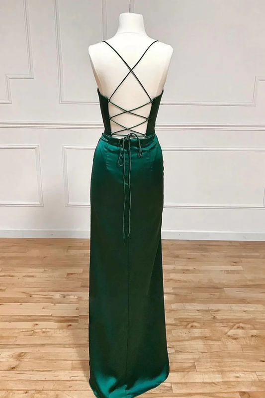 Green Straps Satin Bridesmaid Dress Simple Long Party Dress MD7274